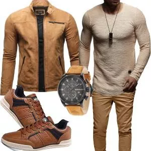 Frühlings Outfits Beige Lederjacke Cooles Outfit