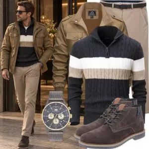 Business Outfits Business Outfit Herren mit Beiger Fieldjacket und Marine Colorblock Zopfpullover
