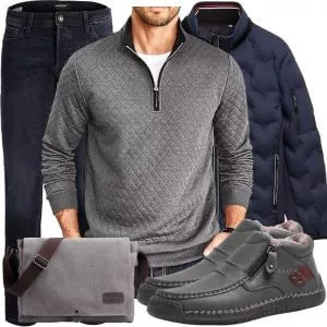 Casual Outfits Casual Outfit Herren mit Marineblauer Steppjacke und Grauem Stepp Zip Pullover