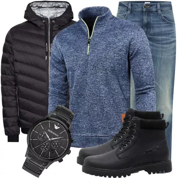 Herbst Outfits Herbst Outfit Herren mit Schwarzer Steppjacke und Blauem Melange Zip Pullover