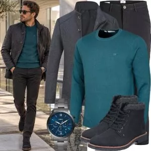Business Outfits Business Outfit Herren mit Grauem Wollsakko und Petrolfarbenem Calvin Klein Pullover