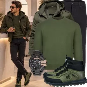 Herbst Outfits Herbst Outfit Herren mit Olivgrüner Jacke und Olivgrünem Hoodie Pullover