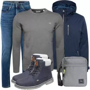 Casual Outfits Casual Outfit Herren mit Dunkelblauer Softshell Jacke und Grauem Pullover