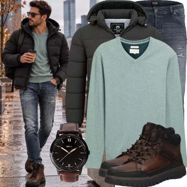 Casual Outfits Casual Outfit Herren mit Schwarzer Steppjacke und Mintgrünem V-Ausschnitt Pullover