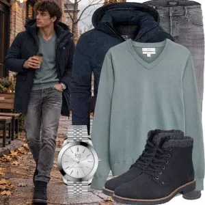 Herbst Outfits Herbst Outfit Herren mit Dunkelblauer Parka und Salbeigrünem V-Ausschnitt Pullover