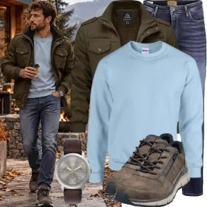 Casual Outfits Casual Outfit Herren mit Olivgrüner Fieldjacket und Hellblauem Sweatshirt