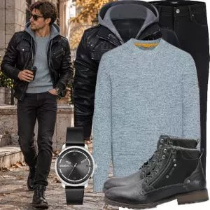 Herbst Outfits Herbst Outfit Herren mit Schwarzer Lederjacke und Hellblauem Melange Pullover