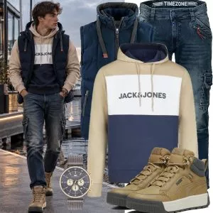 Casual Outfits Casual Outfit Herren mit Dunkelblauer Steppweste und Jack Jones Colorblock Hoodie