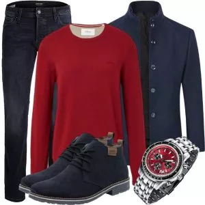 Herbst Outfits Herbst Outfit Herren mit Dunkelblauem Sakko und Rotem Pullover