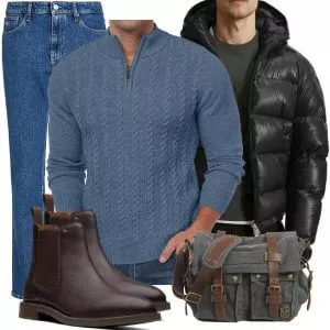Casual Outfits Casual Outfit Herren mit Schwarzer Glanzjacke und Blauem Zopfstrick Zip Pullover
