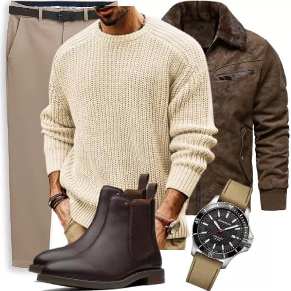 Herbst Outfits Herbst Outfit Herren mit Brauner Lederjacke und Cremefarbenem Waffelstrickpullover