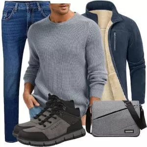 Casual Outfits Casual Outfit Herren mit Blauer Fleece Jacke und Grauem Rippenpullover