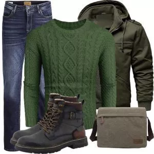Herbst Outfits Herbst Outfit Herren mit Olivgrüner Parka und Grünem Zopfstrickpullover