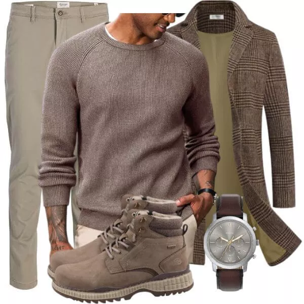 Business Outfits Business Outfit Herren mit Kariertem Mantel und Taupefarbenem Waffelstrickpullover