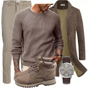 Business Outfits Business Outfit Herren mit Kariertem Mantel und Taupefarbenem Waffelstrickpullover