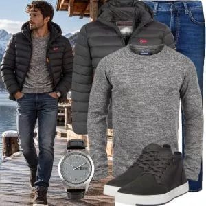 Herbst Outfits Herbst Outfit Herren mit Schwarzer Steppjacke und Grauem Melange Pullover