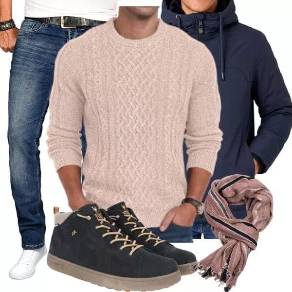 Herbst Outfits Herbst Outfit Herren mit Dunkelblauer Jacke und Rosé Zopfstrickpullover