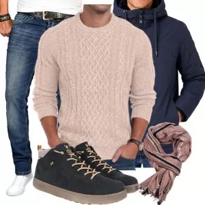Herbst Outfits Herbst Outfit Herren mit Dunkelblauer Jacke und Rosé Zopfstrickpullover