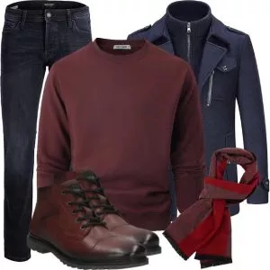 Winter Outfits Winter Outfit Herren mit Marineblauem Wollmantel und Bordeaux Sweatshirt