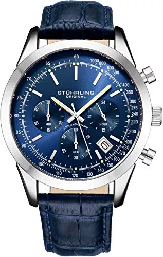 Stuhrling Uhren Stuhrling Original Herren-Armbanduhr, Chronograph, analog, blaues Zifferblatt mit Datum, Tachymeter, 24-Stunden-Unterzifferblatt, blaues Lederarmband, Uhren für Herren, Rialto-Kollektion