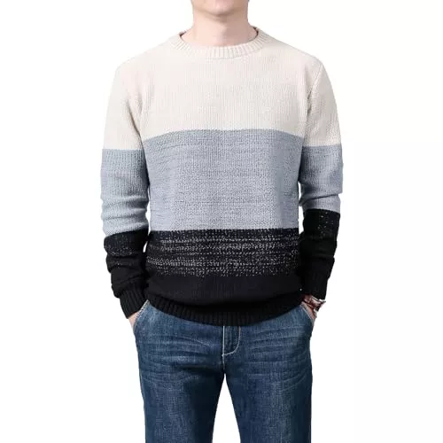 Granfee Pullover & Strickmode Granfee Herren-Pullover mit Rollkragen, gestreift, Rundhalsausschnitt, weich, Thermo-Rundhalsausschnitt, Baumwolle, gestrickt, Farbblock-Pullover