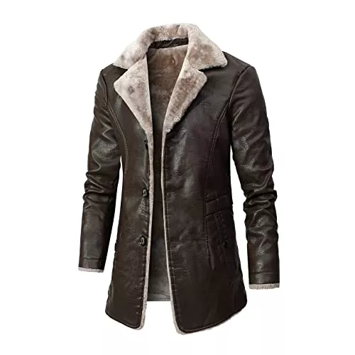 Generic Mäntel Herren Vintage Ledermantel Herren Lange Kunstlederjacke Winter Pu Mantel mit Pelzkragen Dicke Trenchcoat Winter Jacke Herrenmantel mit Fellkragen Business Kurzmantel Mantel