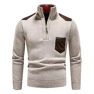 Azruma Pullover & Strickmode Azruma Herren Strickpullover Troyer Vintage Patchwork Rippstrick Troyer Langarm Pulli mit Reißverschluss Autumn Winter Warm mit Tasche Pullover Basic Slim Fit Wollpullover Herrenpullover