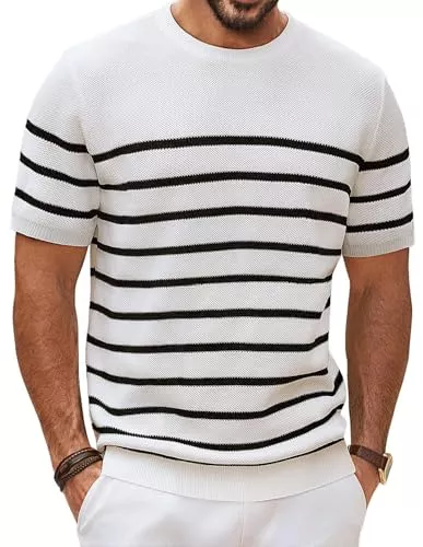 PJ PAUL JONES T-Shirts PJ PAUL JONES Herren T-Shirt Kurzarm Klassiker Streifen Rundhalsausschnitt Rippstrick Pullover Oberteile