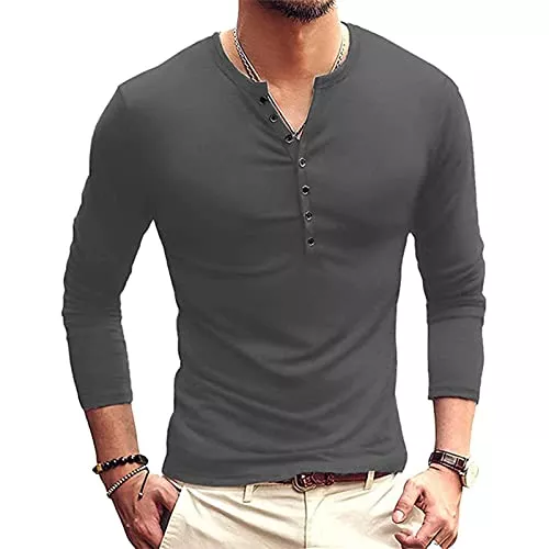 Ophestin Langarmshirts Herren Casual Henley Shirt Langarm Slim Fit Einfarbig Oberteile Basic Rundhals Grandad T-Shirt Knöpfe Tee Tops