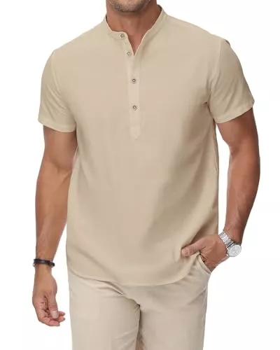 HMIYA Hemden HMIYA Herren Sommerhemd Baumwolle Leinen Kurzarm Hemd Herren Henley-Kragen Lässiges Regular Fit Shirts