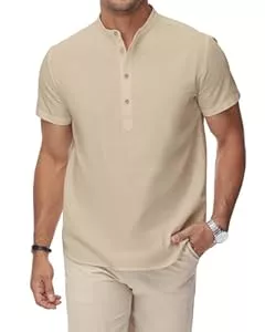 HMIYA Hemden HMIYA Herren Sommerhemd Baumwolle Leinen Kurzarm Hemd Herren Henley-Kragen Lässiges Regular Fit Shirts
