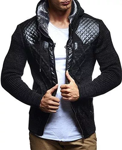LEIF NELSON Strickjacken Leif Nelson Herren Strick-Jacke mit Kapuze Slim Fit Grobstrick Moderner schwarzer Herren Hoodie-Sweatjacke-Winterjacke Langarm Grobstrick LN5355