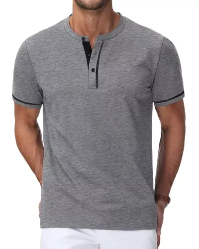 HMIYA T-Shirts HMIYA Henley Kurzarm T-Shirts für Herren Sommerhemd Baumwolle Knopf Color-Blocking-Ärmeln T-Shirt für Männer