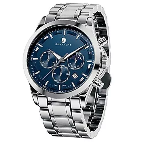 BENYAR Uhren Uhren Herren SAPPHERO Herrenuhr 100M wasserdichte Chronograph Edelstahl Analoge Quarzuhr Anti-Kratzer-Uhr Armbanduhr Herren Silber Date Business Watch