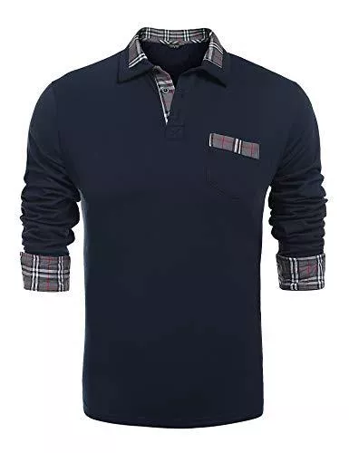 COOFANDY Poloshirts COOFANDY Herren Poloshirt Langarm Kariert Polo Kragen Einfarbig Freizeit Basic Polohemd für Männer