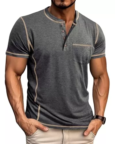 LAOARA T-Shirts LAOARA T-Shirts Herren Henley Shirt Kurzarm V Ausschnitt Sommer Sport mit Tasche Knopfleiste Slim Fit Hemd M-3XL