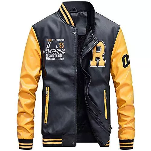 Uni-Wert Jacken Uni-Wert Herren Bomberjacke Pu Leder Fliegerjacke Stehkragen Collegejacke Reißverschluss Übergangsjacke Casual Baseball Jacken Mantel