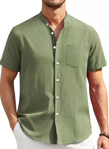 Enlision Hemden Enlision Leinenhemd Herren Kurzarm Sommer Leichtes Leinenhemd Freizeithemden für Herren Kragenloses Leinen Shirt für Geschäft Outdoor S-4XL