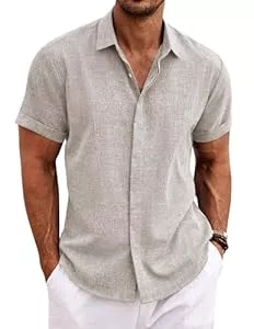 COOFANDY Hemden COOFANDY Leinenhemd Herren Kurzarm Hemd Button Down Regular Fit Freizeithemden Sommer Strand Leinen Shirt