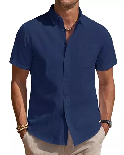 J.VER Hemden J.VER Leinenhemd Herren Kurzarm Hemd Sommer Freizeithemden Herren Casual Beach Shirts Regular Fit Männer Leinen Hemd Button Down Basic Men Shirts mit Brusttasche