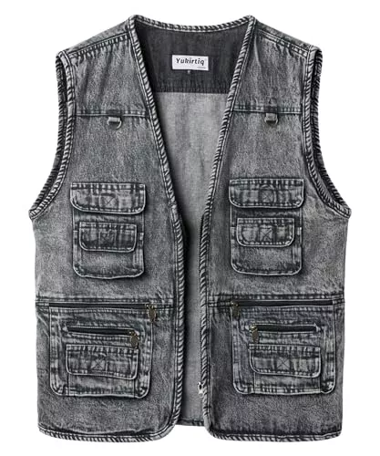 Yukirtiq Westen Yukirtiq Herren Jeansweste Kutte Armellos Jeansjacke mit Multi-Taschen Denim Anglerweste Jeans Bikerweste ohne Kragen Motorrad Weste für Männer