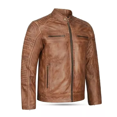Leatherick Jacken Leatherick Herren-Bikerjacke aus echtem Leder im Distressed-Look, Hellbraun, Distress Brown