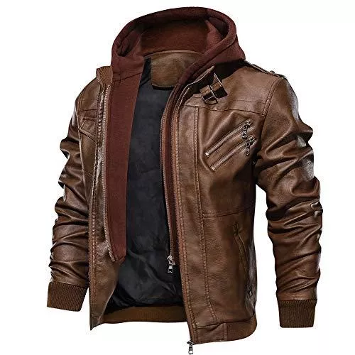 FEDTOSING Jacken FEDTOSING Lederjacke Herren Kunstlederjacke Abnehmbarer Kapuze Cargojacke Winterjacke Slim Fit