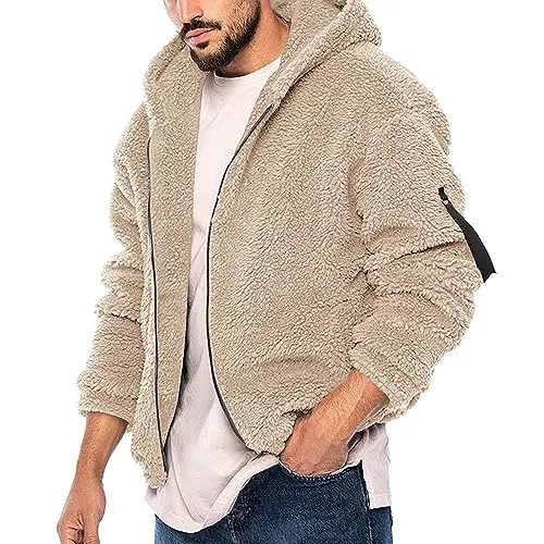 EWFAS Jacken EWFAS Herren Teddy Fleece Plüschjacke mit Kapuze Casuale Zip Hoodie Cardigan Kapuzenjacke mit Kangrootaschen Herren Teddy-Fell Fleecejacke Fleece Pullover Sweatjacke Teddy Fleece Plüschjacke