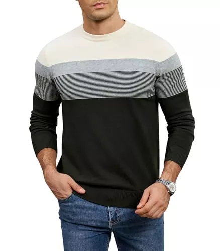 Genfien Pullover & Strickmode Genfien Pullover Herren Rundhalsausschnitt Strickpullover Feinstrick Streifenpullover Regular Fit Basic 100% Baumwolle
