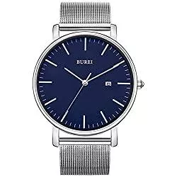 BUREI Uhren BUREI Stilvolle Herren Uhren Minimalistische Ultra Slim Datum Großes Gesicht Armbanduhr mit Edelstahlband