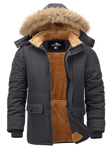 Peakwell Jacken Peakwell Herren Gefütterte Winterjacke Winddichter Parka Übergangsjacke Warme Outdoor Arbeitsjacke mit Abnehmbarer Kapuze und Verstellbarem Taillenkordelzug