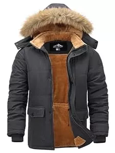 Peakwell Jacken Peakwell Herren Gefütterte Winterjacke Winddichter Parka Übergangsjacke Warme Outdoor Arbeitsjacke mit Abnehmbarer Kapuze und Verstellbarem Taillenkordelzug