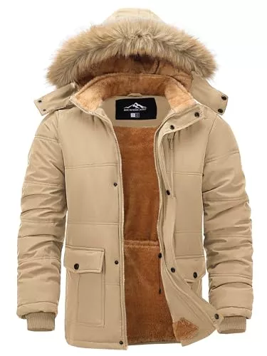 Peakwell Jacken Peakwell Herren Gefütterte Winterjacke Winddichter Parka Übergangsjacke Warme Outdoor Arbeitsjacke mit Abnehmbarer Kapuze und Verstellbarem Taillenkordelzug