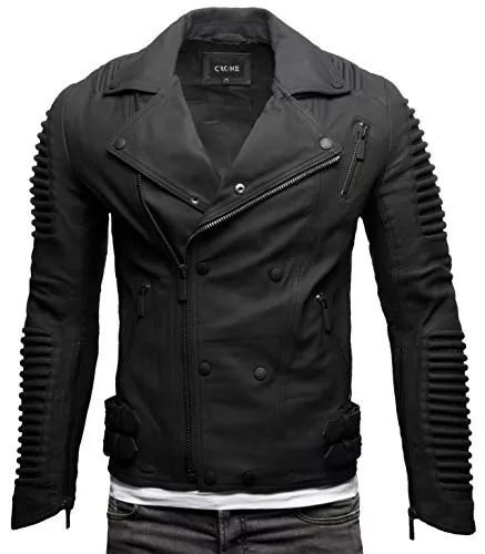 Crone Jacken Crone Unique Herren Echtleder Biker Jacke Premium Lederjacke Weiches Schafs-Leder mit vielen Details und Zippern